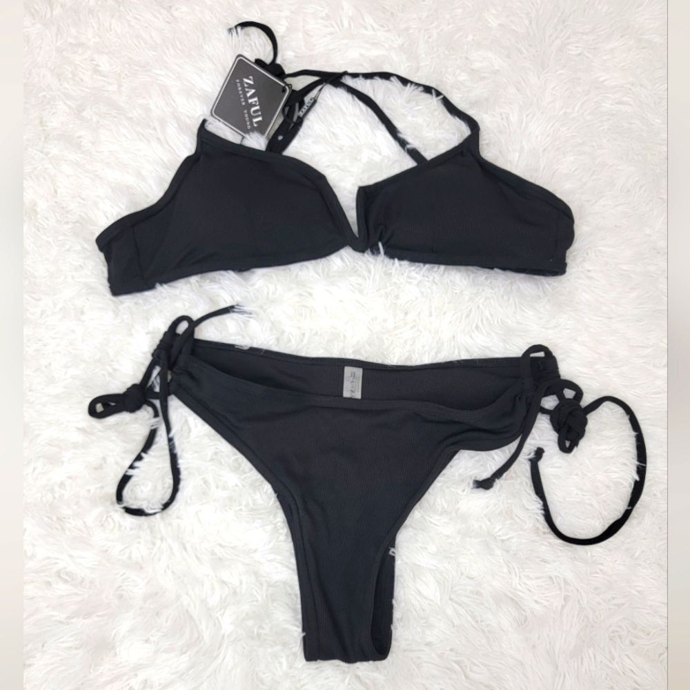 ZAFUL Ribbed V Wired Criss Cross Wired Bottom Bikini Swimsuit - Black Size L (8)